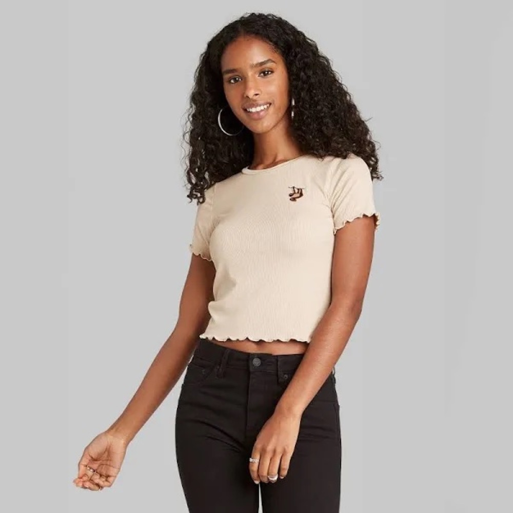 Wild Fable Tops Wild Fable Sloth Embroidered Lettuce Hem Tee EUC